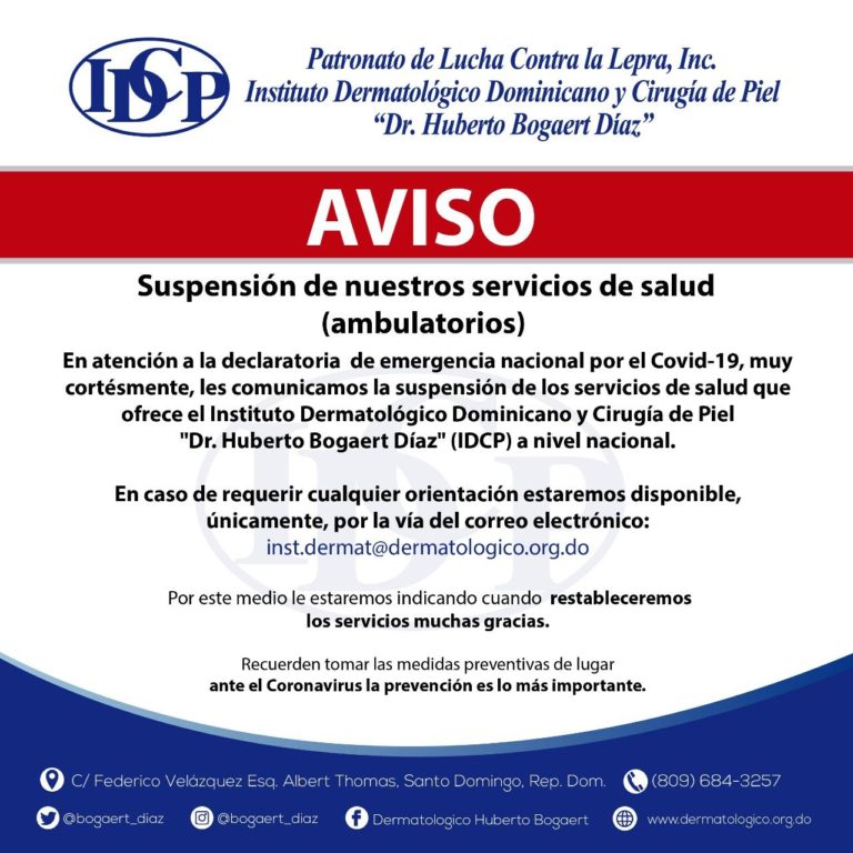 Instituto Dermatológico suspende servicios ambulatorios