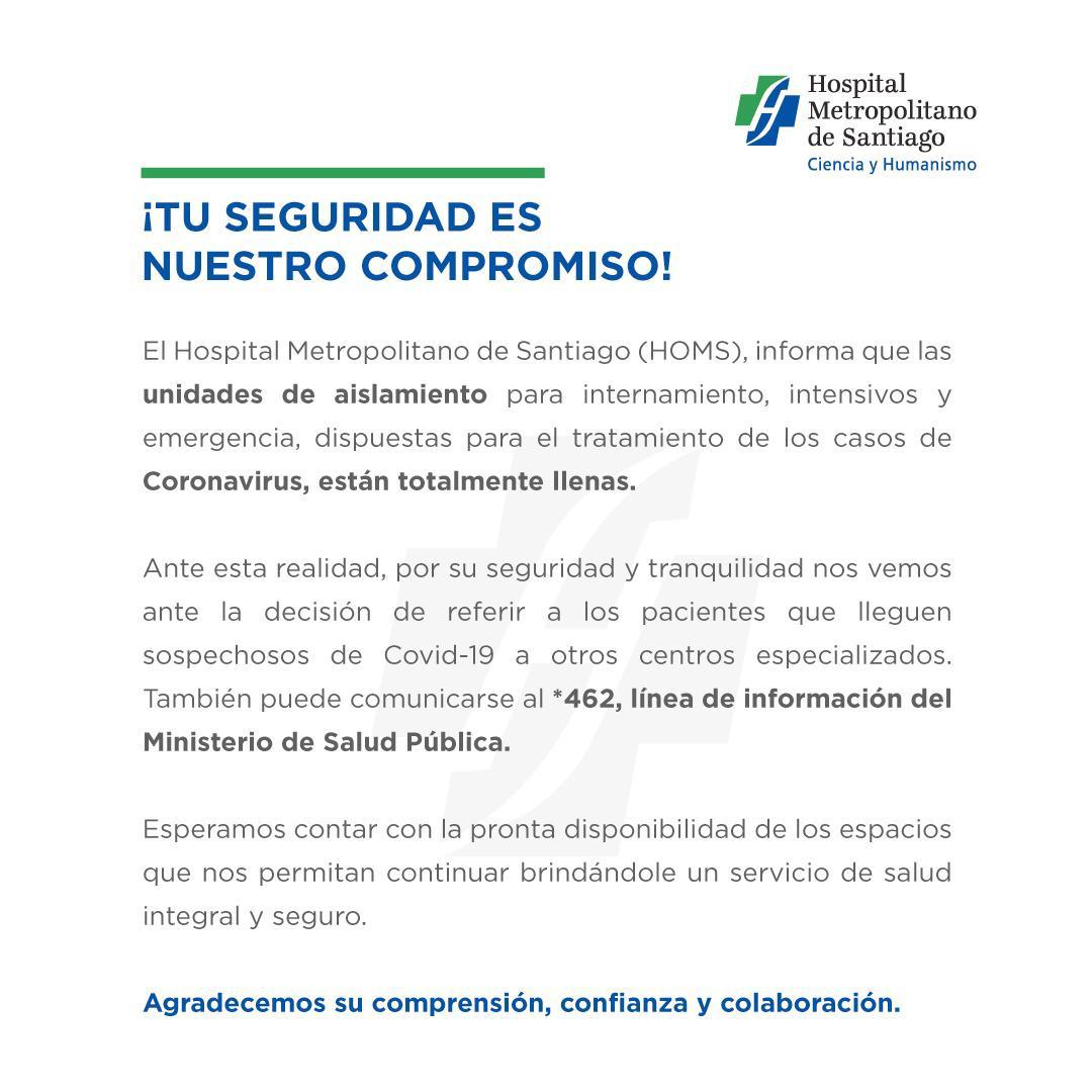 Hospital Metropolitano de Santiago “unidades para pacientes positivos a COVID-19 están llenas”
