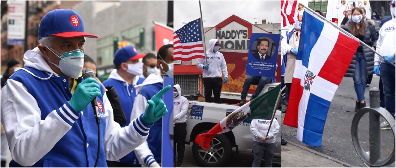 Médicos de SOMOS y comunitarios con banderas a media asta por muertos dominicanos y latinos en Nueva York