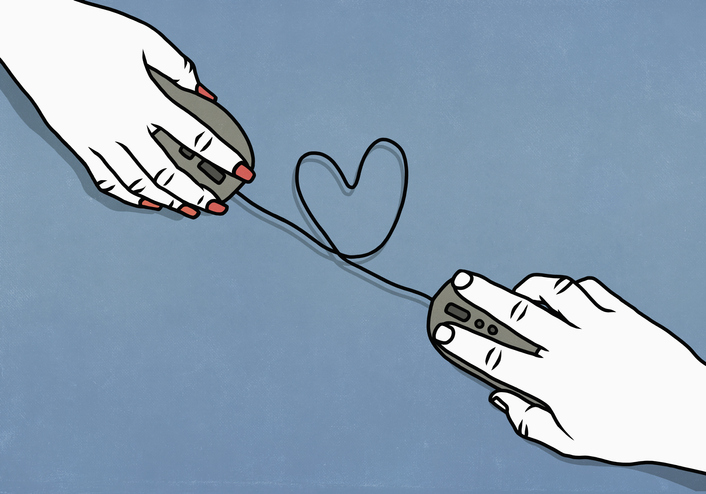 Dibujo de dos manos con un mouse y un cable que froma un corazón